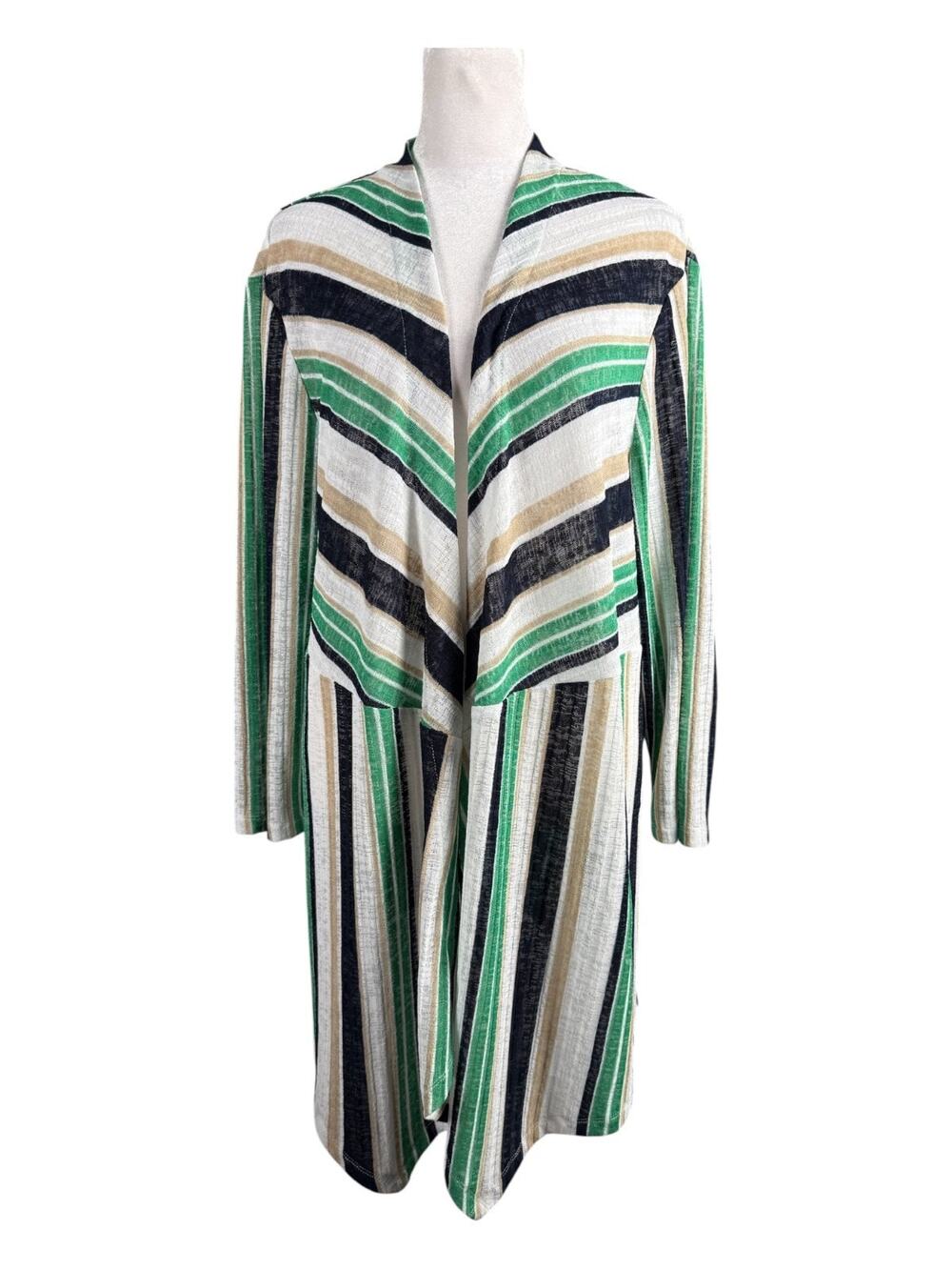 Chico's Travelers 3 XL Lightweight Striped Open Cardigan White Green Navy Beige